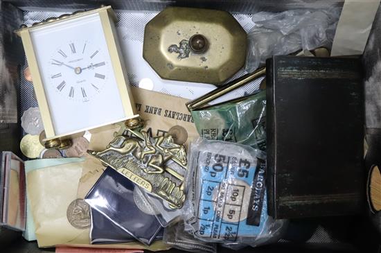 Assorted curios, including coinage, a Regency tobacco box, a carriage timepiece etc.